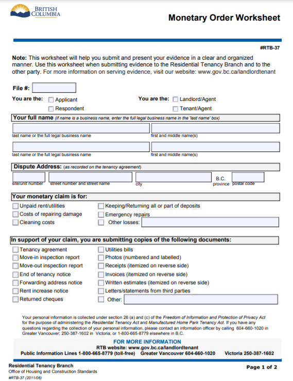 monetary order worksheet